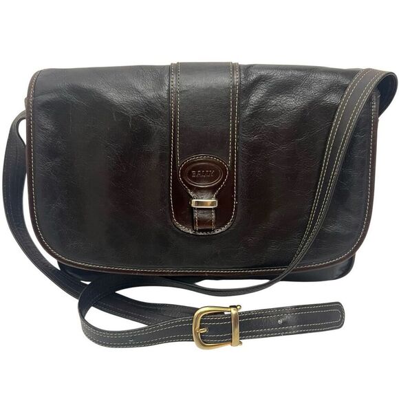 BALLY Dark Brown Authentic Leather Shoulder Bag Crossbody Purse Vintage - Picture 1 of 10